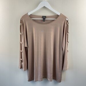 Chico’s Travelers Champagne Gold Shimmer Blouse with Sleeve Accents Size Large
